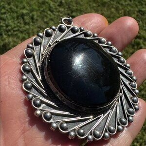 Vintage José Luis Flores Taxco Mexico Sterling Silver Obsidian Pendant Necklace